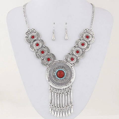Parure De Bijoux Bohème Vintage Alliage Strass Pendentif Goutte D'eau Collier Et Boucles D'oreilles Style Totem Ethnique