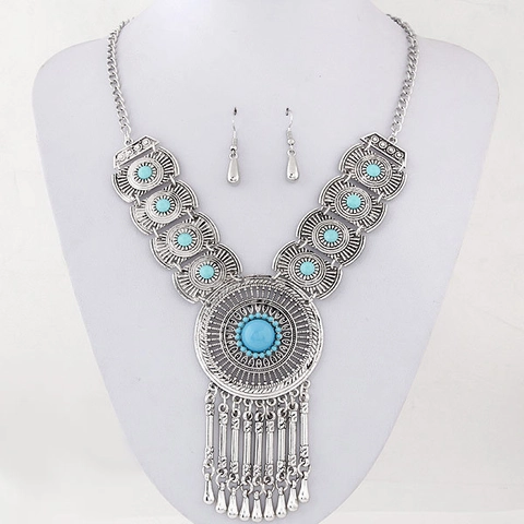 Parure De Bijoux Bohème Vintage Alliage Strass Pendentif Goutte D'eau Collier Et Boucles D'oreilles Style Totem Ethnique