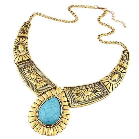 Collana Statement Bohemienne Lega Incisa Goccia D'acqua Turchese Sintetico Pendente Etnico Retrò Gioielli Donna