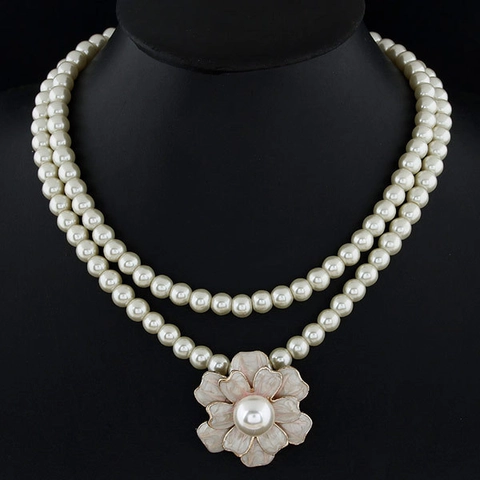 Elegante Collana Di Künstliche Perle A Doppio Strato Con Pendente A Fiore In Smalto Rosa Lega Stile Vintage Per Donne
