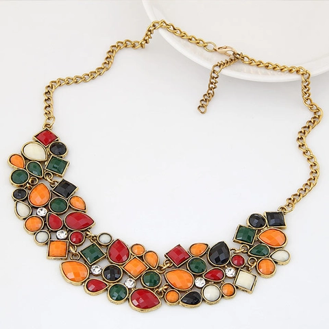 Bohemian Colorful Resin Geometric Statement Bib Necklace Retro Gold Tone Alloy Jewelry For Women