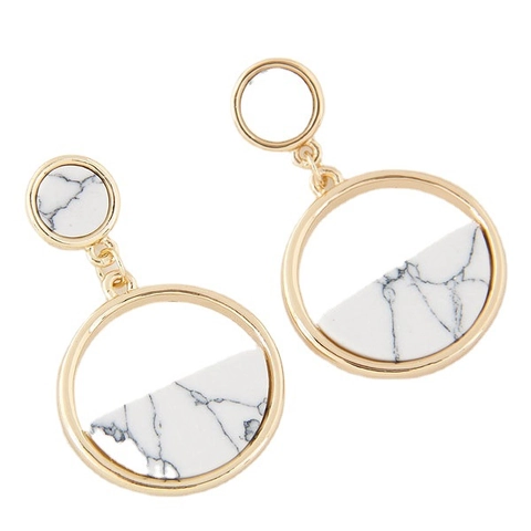 Geometric Round Drop Earrings Alloy Gold Plated Resin Inlay Faux Turquoise Marble Pattern For Women Minimalist Fashion Accessory