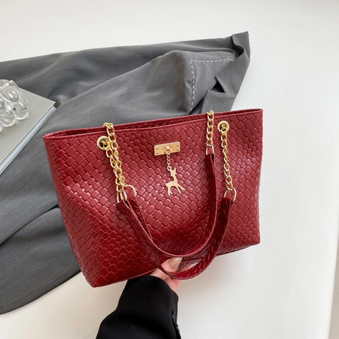 Woven Texture Tote Bag PU Leather Large Capacity Women Handbag With Gold Chain Strap And Deer Charm Elegant Office Daily
