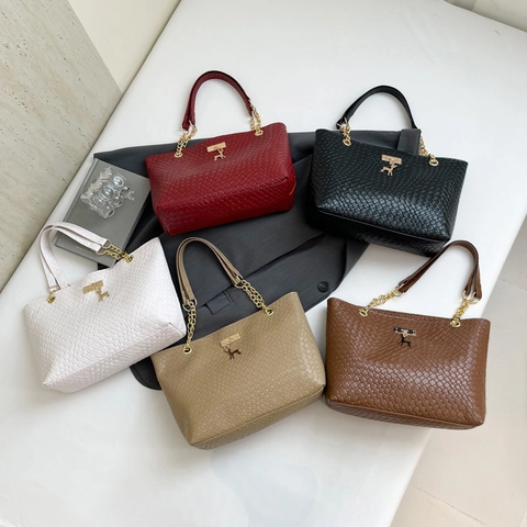 Woven Texture Tote Bag PU Leather Large Capacity Women Handbag With Gold Chain Strap And Deer Charm Elegant Office Daily