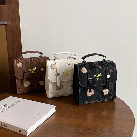 Women Fashion PU Leather Cartoon Embroidery Backpack Retro Pleated Handbag Multi-functional Shoulder Bag For Daily Travel
