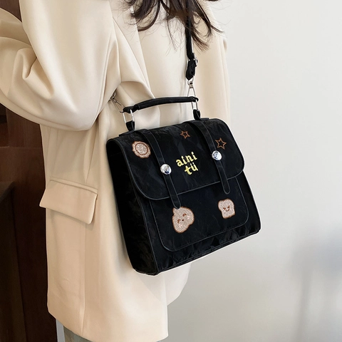Women Fashion PU Leather Cartoon Embroidery Backpack Retro Pleated Handbag Multi-functional Shoulder Bag For Daily Travel