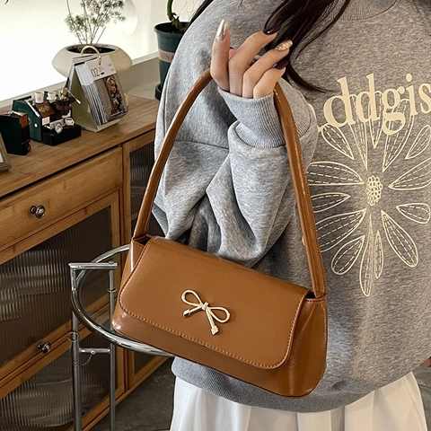 Women Korean Glossy PU Leather Underarm Bag Vintage Chic Shoulder Bag With Metal Bowknot Flap Small Square Handbag