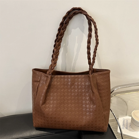Borsa Tote da Donna in Pelle PU di Grande Capacità Con Manico Intrecciato Borsa a Tracolla Goffrata Pied de Poule Handbag Moda Pendolare