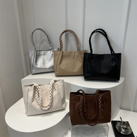 Borsa Tote da Donna in Pelle PU di Grande Capacità Con Manico Intrecciato Borsa a Tracolla Goffrata Pied de Poule Handbag Moda Pendolare