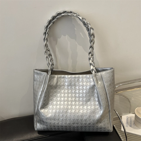 Retro Women Houndstooth Embossed Tote Bag Synthetic Leather Large Capacity Shoulder Handbag With Braided Handle Daily Commute Bag