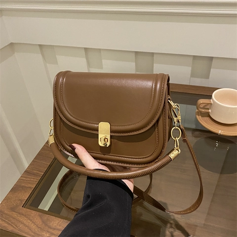 Vintage PU Leder Sattel Schultertasche Für Damen Große Kapazität Schloss Schnalle Umhängetasche Casual Pendeltasche