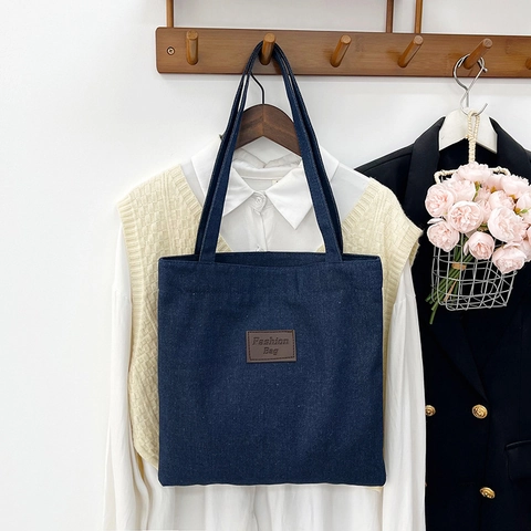 Women Denim Tote Bag Large Capacity Shoulder Handbag Retro Solid Blue Fabric Vintage Commuter Handbag