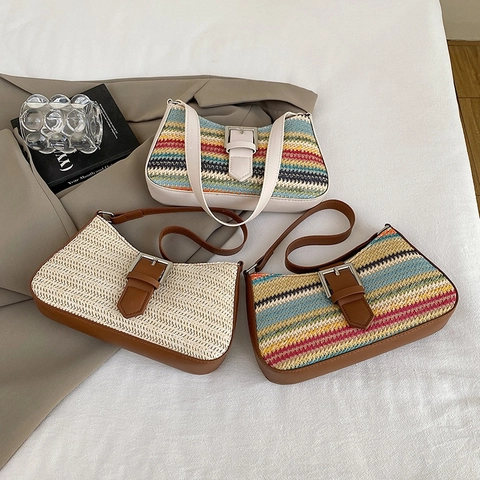 2025 Trendy Damen Gewebte Stroh Achseltasche Sommer Strand Urlaub Kontrastfarbe Umhängetasche Mit PU Lederriemen Metallschnalle