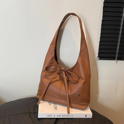 Women PU Leather Shoulder Bag Retro Korean Style Bow Decor Underarm Tote Bag Solid Color Casual Commuting Hobo Bag Daily Gift