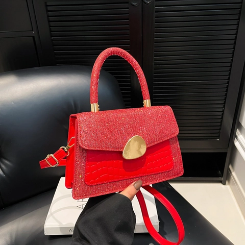 Mini Square Handbag Crocodile Pattern Glitter Sequin PU Leather Crossbody Bag With Gold Buckle For Women Elegant