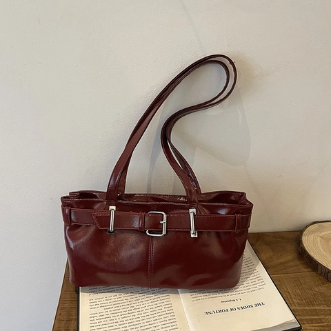 Damen Achseltasche Aus Glänzendem PU Leder Retro Pendler Handtasche Mit Gürtelschnalle