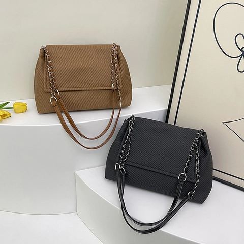 Bolso De Hombro Para Mujer Cuero PU Textura Sarga Gran Capacidad Solapa Cadena Axila Moda