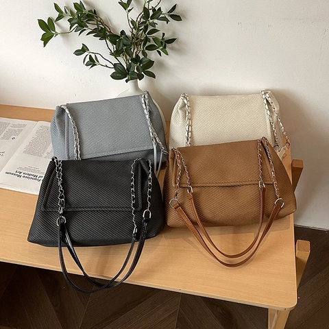 Bolso De Hombro Para Mujer Cuero PU Textura Sarga Gran Capacidad Solapa Cadena Axila Moda