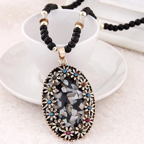 Vintage Bohemian Perlen Anhänger Halskette Ethno Stil Legierung Harz Perlmutt Eingelegt Lange Pulloverkette Damen Schmuck