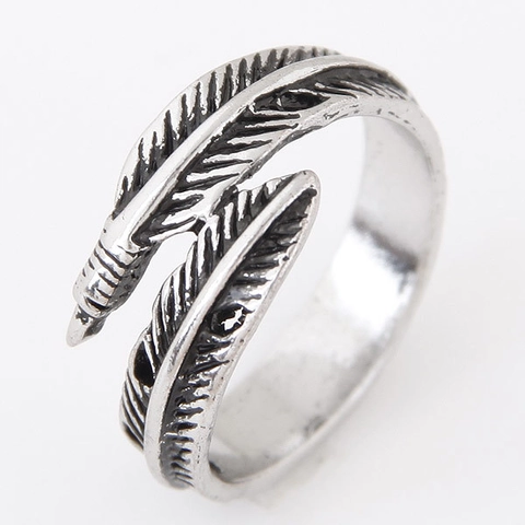 Feder Offener Ring Legierung Vintage Silber Verstellbar Böhmisch Ethnisch Retro Blattform Schmuck Für Frauen