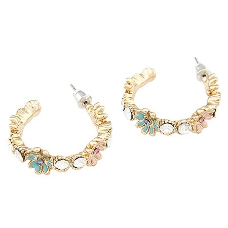 C-Shaped Flower Stud Earrings Alloy Enamel Sweet Floral Geometric Jewelry Inlaid Artificial Crystal Fashion Korean Style