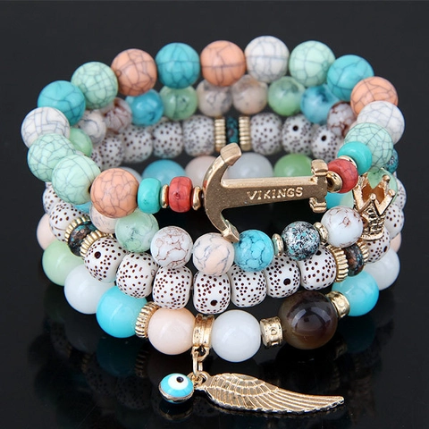Böhmisches Mehrlagiges Perlenarmband Legierung Harz Anker Feder Böser Blick Anhänger Retro Ethno Stil Für Frauen
