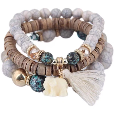 Boho Mehrlagiges Perlenarmband Mit Legierung Elefanten Anhänger Und Quaste Ethno Stil Damen Elastischer Schmuck