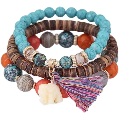 Boho Mehrlagiges Perlenarmband Mit Legierung Elefanten Anhänger Und Quaste Ethno Stil Damen Elastischer Schmuck