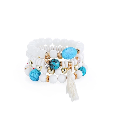 Bohemian Multi Layer Beaded Bracelet With Tassel Charm Alloy Resin Beads Ethnic Style For Women Jewelry Accessories