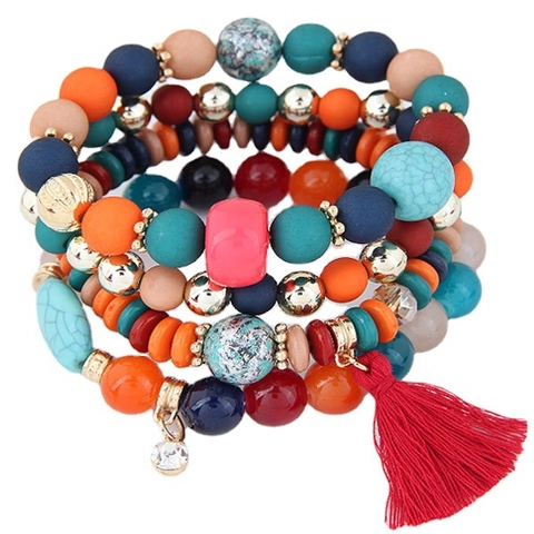 Bohemian Multi Layer Beaded Bracelet With Tassel Charm Alloy Resin Beads Ethnic Style For Women Jewelry Accessories