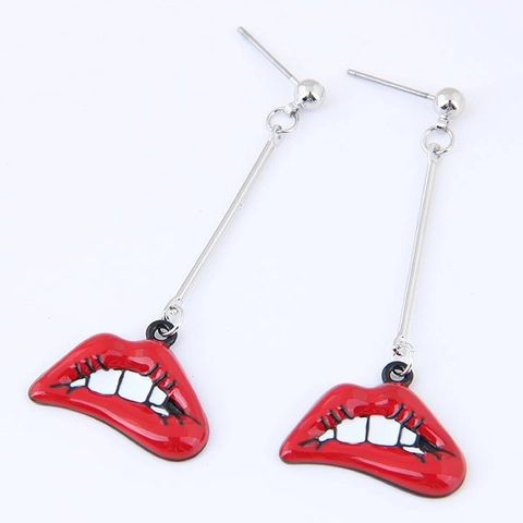 Sexy Rote Lippen Hängeohrringe Legierung Emaille Strass Lange Drop Quaste Pop Art Persönlichkeit Statement Schmuck Damen
