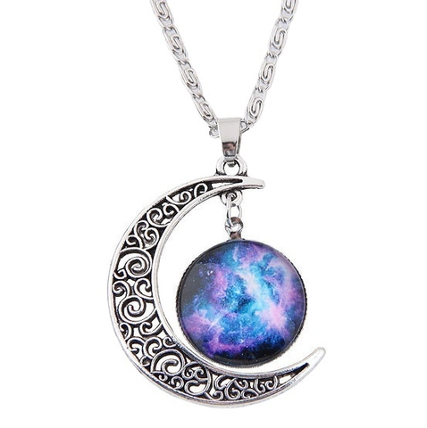 Vintage Alloy Hollow Moon Pendant Necklace With Starry Sky Universe Galaxy Glass Gem For Women Fashion Jewelry Gift
