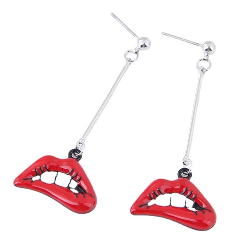Sexy Rote Lippen Hängeohrringe Legierung Emaille Strass Lange Drop Quaste Pop Art Persönlichkeit Statement Schmuck Damen
