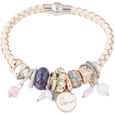 Bracciale Con Ciondoli Pelle Intrecciata Lega Cristallo Pendente Cuore D'amore Chiusura Magnetica Bohemien Elegante Donna