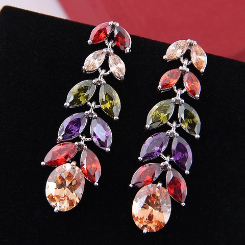 Dangle Drop Earrings Zircon Marquise Oval Cut Leaf Shaped Copper Plated Elegant Wedding Party Jewelry For Women