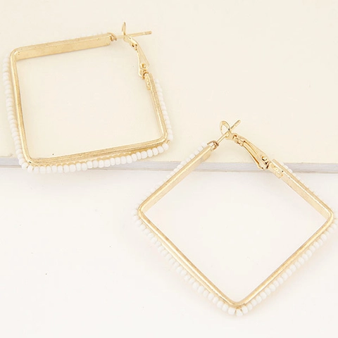 Square Hoop Earrings Gold Alloy Colorful Seed Beads Geometric Minimalist Bohemia Style Fashion Jewelry For Women
