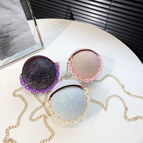 Spherical Sequined Evening Bag For Women Glitter Round Crossbody Bag With Metal Chain Decorative Handle Party Clutch Bag