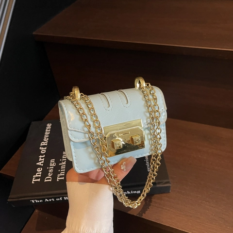Damen Mode Mini Quadratische Umhängetasche Einfarbig PU Leder Kleine Messenger Bag Mit Goldener Kette Und Metallschloss