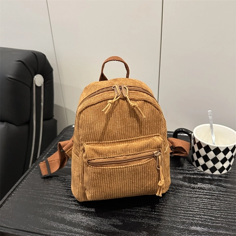 Mini Corduroy Backpack For Women Lightweight Small Casual Daypack Korean Style Retro Solid Color Shoulder Bag