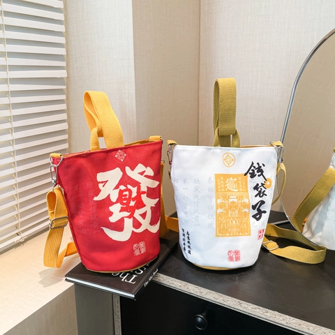 Sac Seau en Toile Style Chinois pour Femmes Sac à Argent Rétro Impression Calligraphie Sac à Bandoulière Réglable