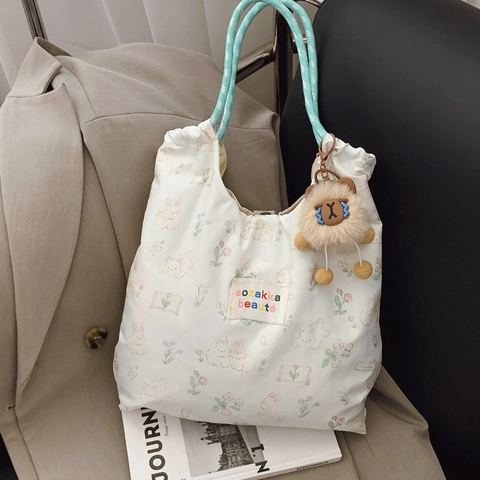 Koreaanse Stijl Canvas Tote Bag Voor Vrouwen Cartoon Beer Konijn Bloemenprint Handtas Met Geweven Handvat Boodschappentas