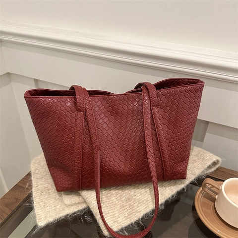 Women Minimalist PU Woven Large Capacity Tote Bag Solid Color Retro Underarm Shoulder Bag Commuter Daily Fashion Handbag