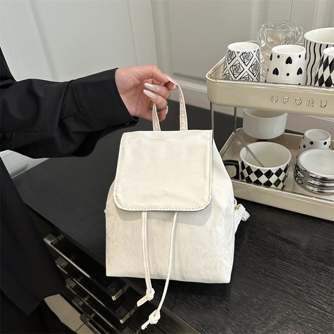 Mini Backpack Women Fashion Wrinkled PU Leather Korean Style Small Solid Color Flap Drawstring Casual Travel Daypack
