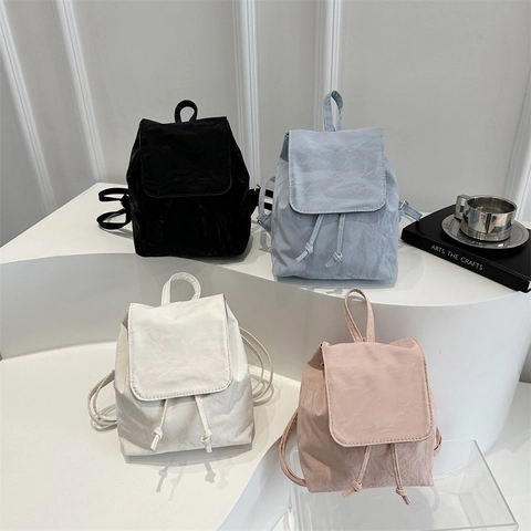 Mini Backpack Women Fashion Wrinkled PU Leather Korean Style Small Solid Color Flap Drawstring Casual Travel Daypack