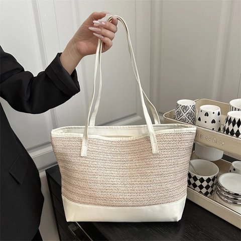 Grote Capaciteit Dames Stro Geweven Tote Tas Contrast PU Leer Schoudertas Casual Zomer Strand Vakantie Handtas Voor Vrouwen