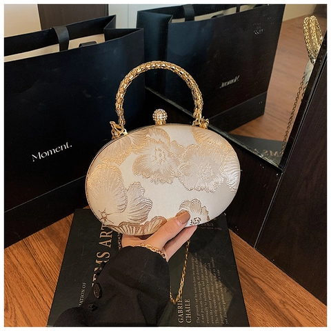 Pochette De Soirée Broderie Florale Poignée Métal Fermoir Strass Pour Mariage Fête Élégant Luxe Vintage Tissu