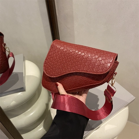 Bolso de Montura Retro de Cuero PU para Mujer Con Textura Tejida Correa de Tela Ancha Bolso de Hombro para Moda Diaria