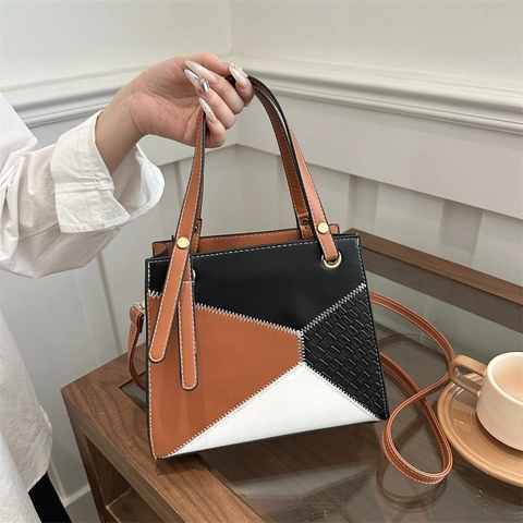 Bolso De Mano Con Patchwork Geométrico Para Mujer Cuero PU Color De Contraste Bolso De Hombro Textura Tejida Moda Chic
