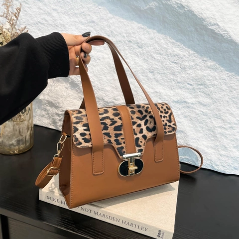 Fashion Women Contrast Color Handbag Leopard Print PU Leather Shoulder Bag Casual Square Crossbody Bag With Metal Lock