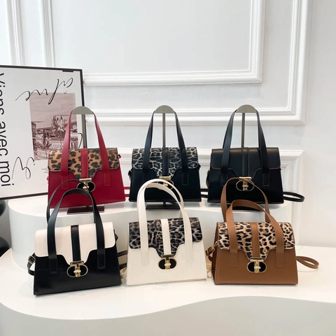 Fashion Women Contrast Color Handbag Leopard Print PU Leather Shoulder Bag Casual Square Crossbody Bag With Metal Lock